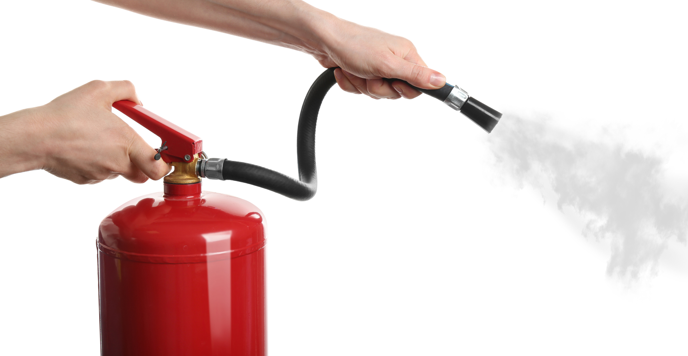 Woman using fire extinguisher on white background, closeup Flue Steam